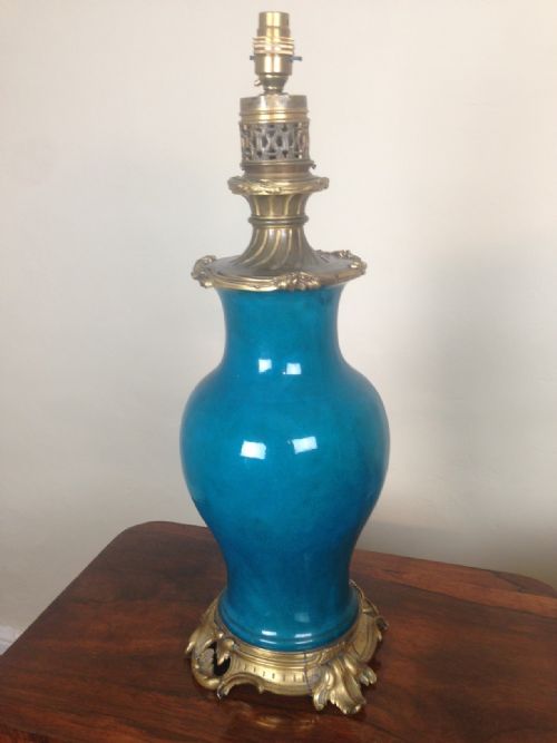A Large Chinese Turquoise Glazed Ormolu Mounted Porcelain Vase Lamp C 1890