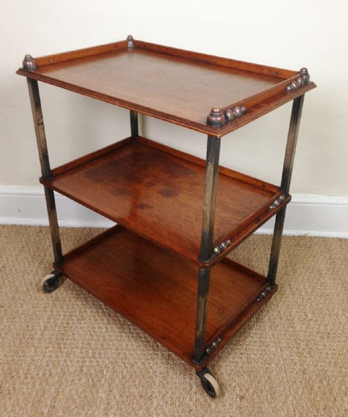 A Rare Edwardian Oak and Anodised Brass 3 Tier Trolley C 1910