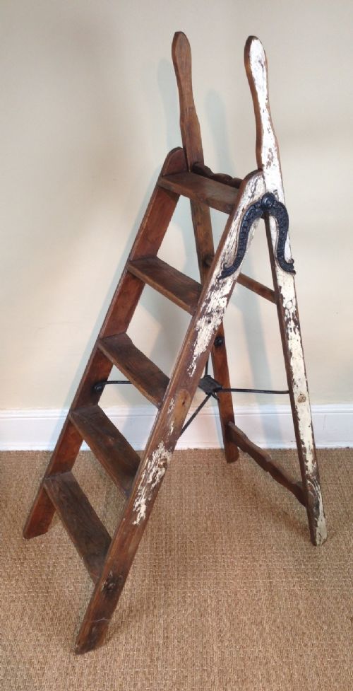 An Edwardian Painted Pine and Iron Patent Folding Ladder by Simplex C 1910.