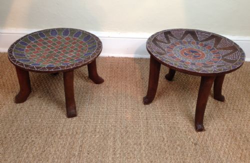 Two Similar Eastern Kenyan Beaded Shisham Wood Dished Stools C 1920.