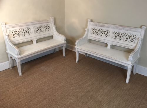 A Pair of Victorian Gothic White Painted Benches in the Manner of Anthony Salvin C 1865
