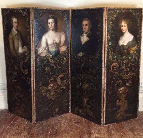 A Rare Early 19th C Screen C 1840 Set with 4 17th and 18th C Portraits