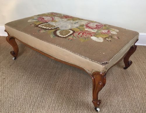 A Large Victorian Walnut Cabriole Leg Stool C 1860 with Original Needlework Top