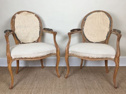 A Pair of George 111 Hepplewhite Period Beech Armchairs in the French Taste Circa 1775