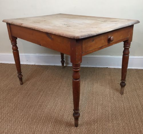 A Victorian Pine Kitchen Table C 1880  with Scrub Top on Original Painted Turned Legs