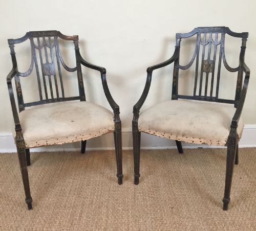 A Pair of George 111 Sheraton Painted Armchairs Circa 1790 Attributed to Gillows of Lancaster.