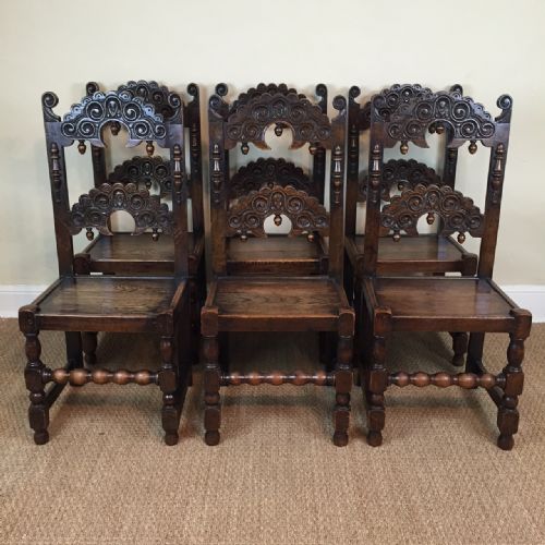 A Set of Six Late 19th Century Derbyshire Oak Crescent Back Chairs in the Mid-17th Century Style