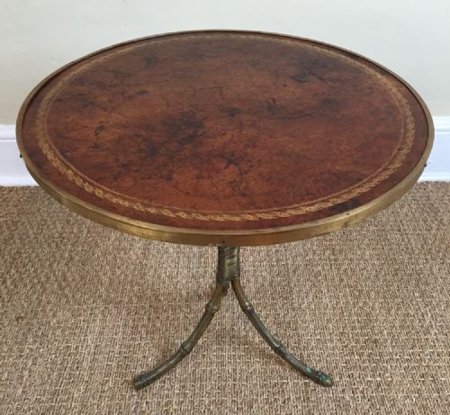 A Leather and Brass Circular Lamp or Coffee Table English Circa 1920.