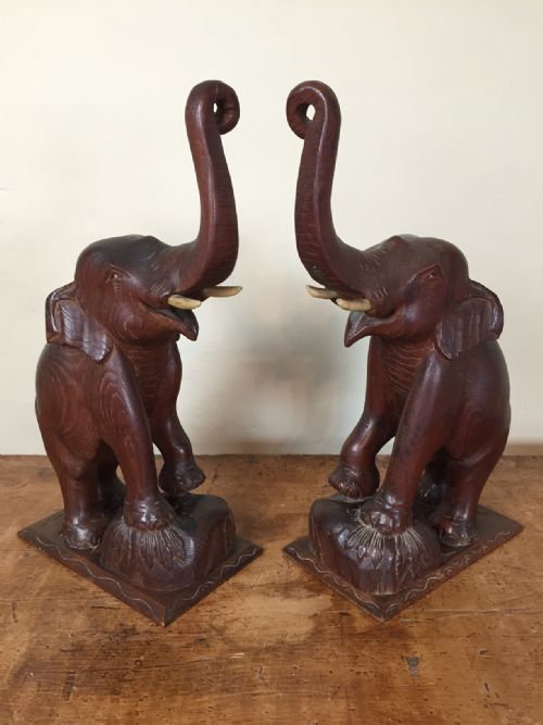 A Large Pair of Bombay Teak and Ivory Elephants C 1900