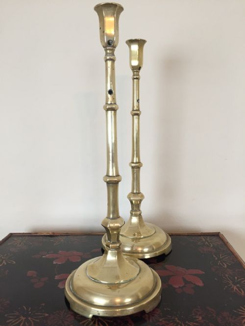 A Pair of Late George 111 Brass Tall Candlesticks Circa 1820