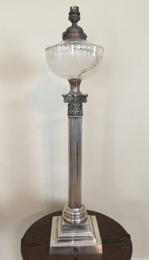 A Large Victorian Corinthian Column Silver Plated Oil Lamp Circa 1890