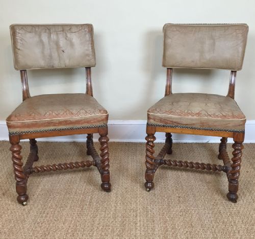 A Pair of Victorian Oak and Leather Bobbin Turned Side Chairs Circa 1870