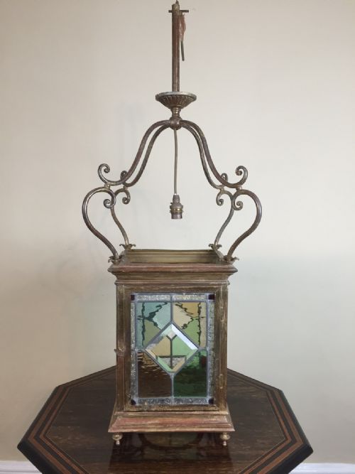 A Late Victorian Lacquered Brass and Stained Glass Hall Lantern Circa 1900