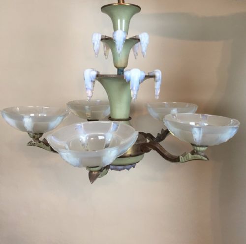 
An Art Deco Opalescent Glass 5 Branch Icicle Chandelier Circa 1930