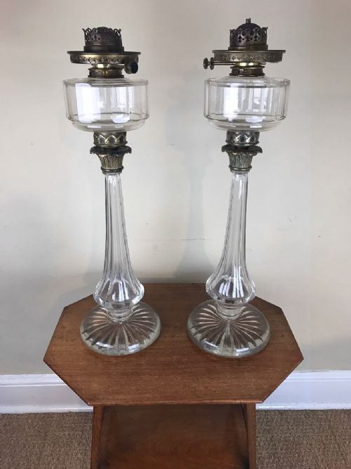 A Very Large Pair of Victorian Glass Oil Lamps Circa 1890