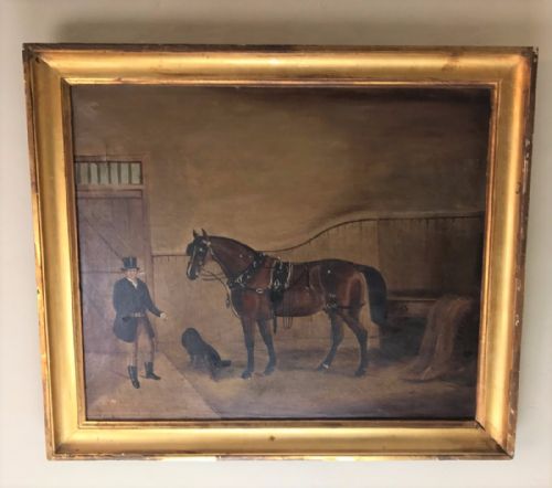 A Late Georgian Naive Oil Painting of a Coach Horse Groom and Dog in a Stable Circa 1820