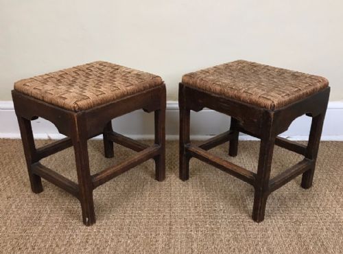 A Pair of Arts and Crafts Oak and Rush Seated Stools Circa 1910