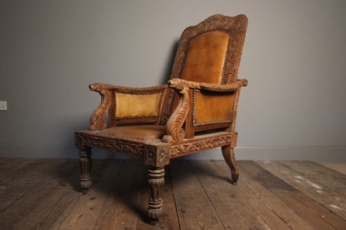 A Rare Anglo Indian Carved Teak Reclining Bergere Library Chair C 1840