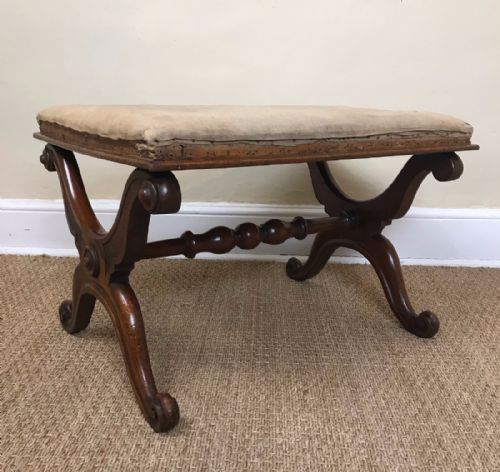 A Good Sized Early Victorian X-frame Walnut Stool Circa 1860