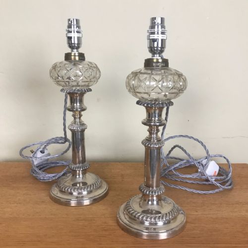 A Pair of Victorian Sheffield Plate Oil Lamps Circa 1880 with Cut Glass Bowls