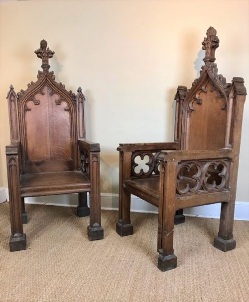 A Monumental Pair of English Gothic Oak Throne Chairs Circa 1860