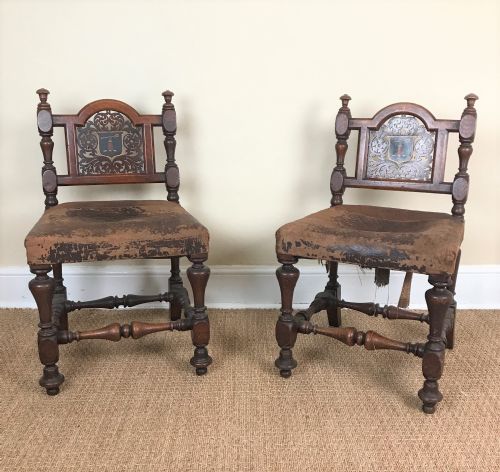 A Pair of Irish Victorian Oak and Leather Hall Chairs C 1865