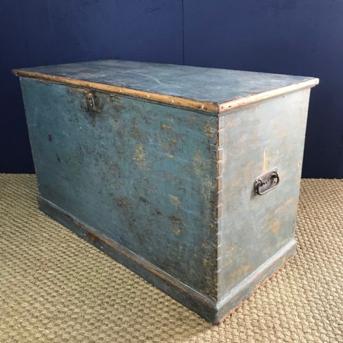 A West Country Pine Coffer Circa 1830 in the Original Duck Egg Blue Paint .