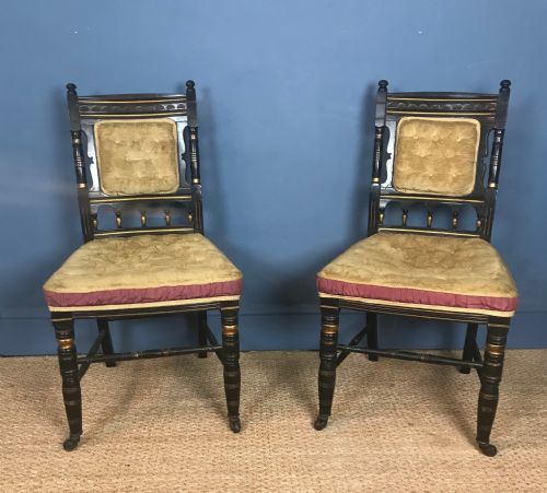 A Pair of Aesthetic Movement Ebonised Side Chairs Circa 1880  with the Original Upholstery