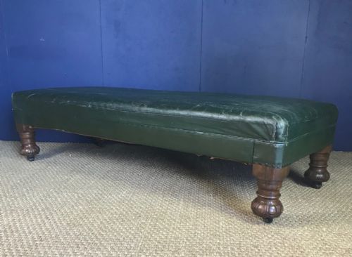 A Large Victorian Walnut Stool Circa 1860 Covered in the Original Green Oilcloth