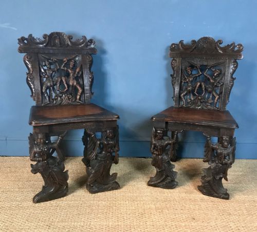 A Pair of Burmese Carved Teak Hall Chairs Circa 1890