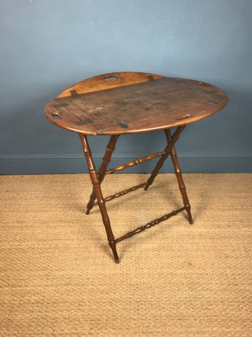 An English Oak Folding Butlers Tray Circa 1850 on Original Turned Folding Stand