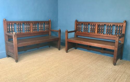 A Pair of Aesthetic Movement Oak Benches Circa 1890 in the Style of George Faulkner Armitage