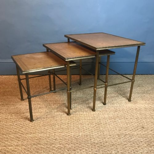 A Good Set of 3 Leather and Gilt Brass Tables . English Circa 1920