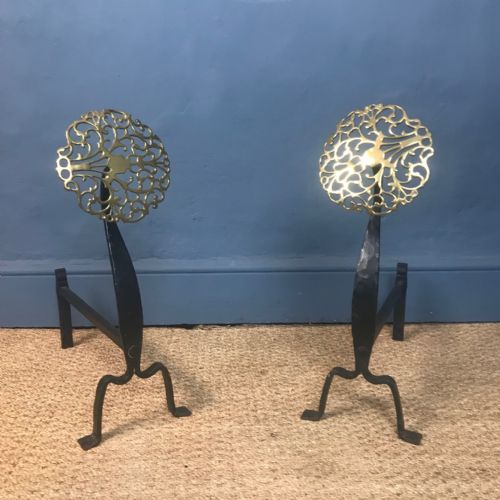A Pair of Arts and Crafts Brass and Wrought Iron Fire Dogs Circa 1910
