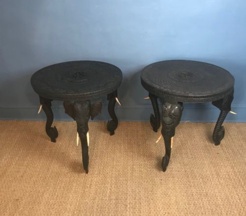 A Matched Pair of Bombay Presidency Black Wood Elephant Tables Circa 1890