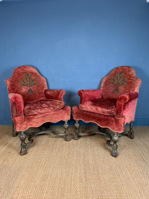 A Pair of William and Mary Style Walnut Arm Chairs Circa 1900 Attributed  to Lenygon and Co