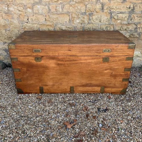 An Enormous Mid 19th C Cantonese Camphor Wood and Brass Banded Trunk by How Shing of Canton Circa 1870