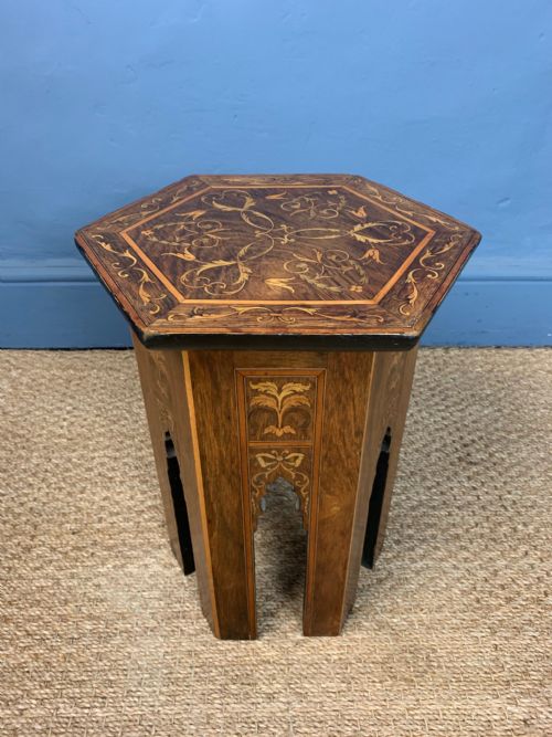 A Small Arts and Crafts Rosewood and Marquetry Hexagonal Table in Damascus Style Circa 1900 .
