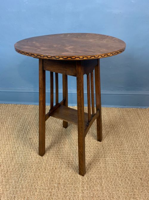 A Glasgow School Oak and Chequer Strung Lamp Table in the Style of Mackay Hugh Baillie Scott Circa 1900