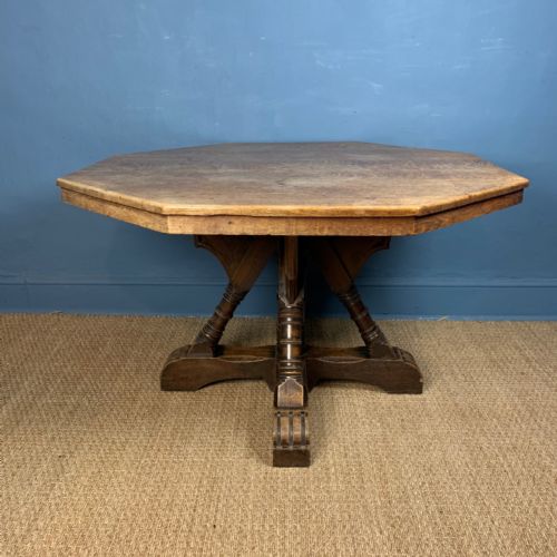 A Gothic Reform Oak Octagonal Centre Table Circa 1865 in the Style of William Butterfield