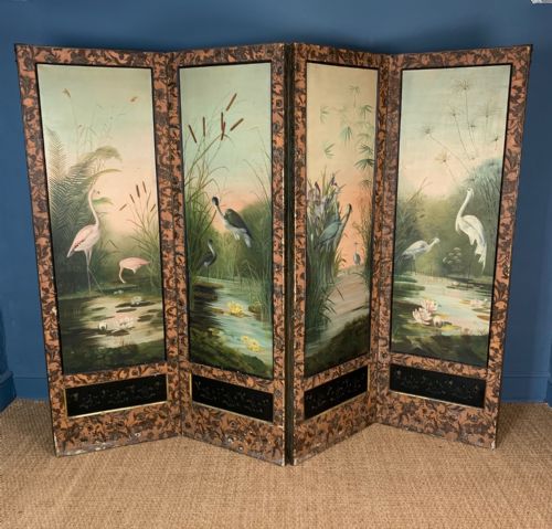 An Aesthetic Movement Screen C 1890 Painted with Large Exotic Water Birds in the Style of Henry Stacy Marks