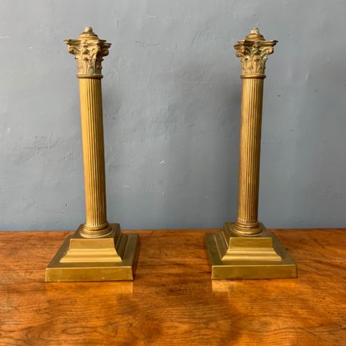 A Pair of Edwardian Brass Corinthian Column Table Lamps Circa 1910.