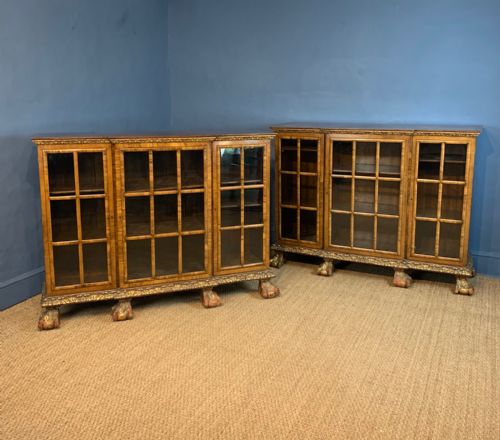A Fine Pair of George 1 Style Walnut and Parcel Gilt Breakfront Side Cabinets