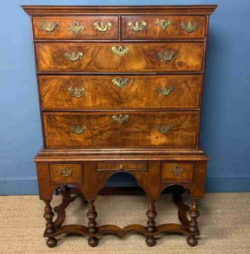 A George 1 Walnut and Feather Banded Chest on Stand Dated 1717