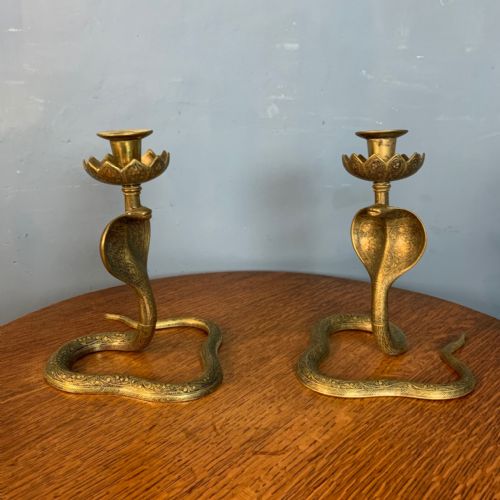 A Pair of Indian Brass Engraved Cobra Candlesticks Circa 1910