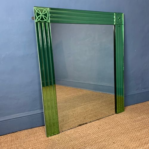 A Large English Art Deco Green Glass Over Mantel Mirror Circa 1930