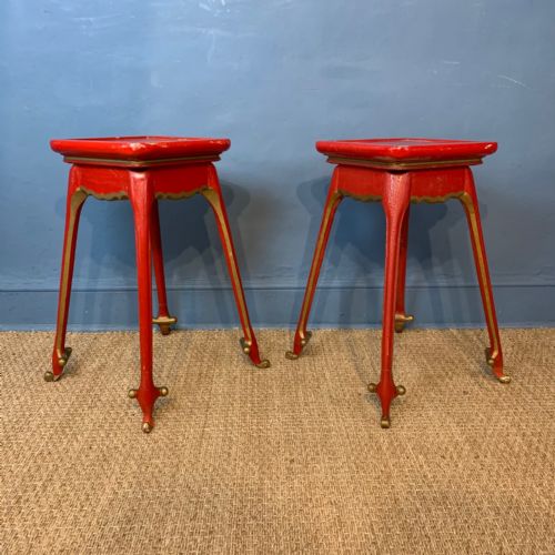 A Pair of 1920s French Red Painted Lamp Tables in the Chinese Style.