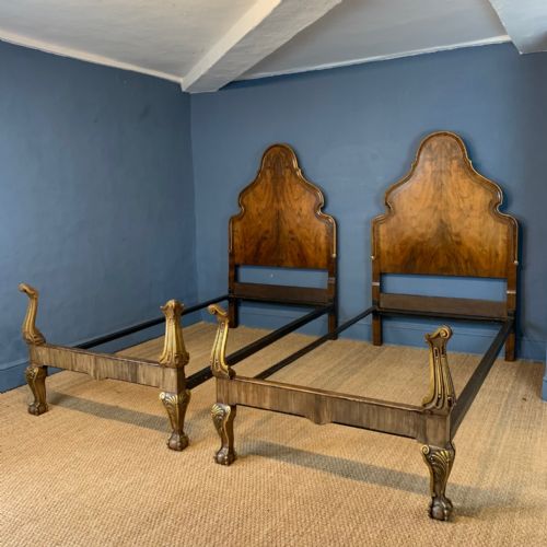 A Pair of Queen Anne Style Walnut and Parcel Gilt Beds Circa 1920