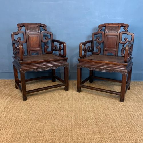 A Pair of Late 19th Chinese Elm Throne Chairs Circa 1900