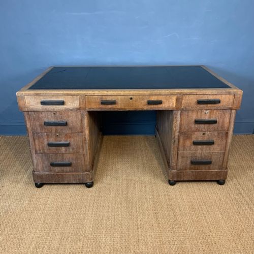 A Large Art Deco Oak and Ebonised Freestanding Limed Oak Pedestal Desk Circa 1930
